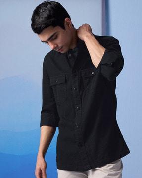 embroidered slim fit shirt with flap pockets