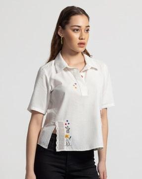 embroidered spread collar shirt