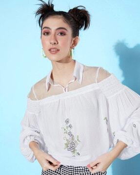 embroidered spread-collar top