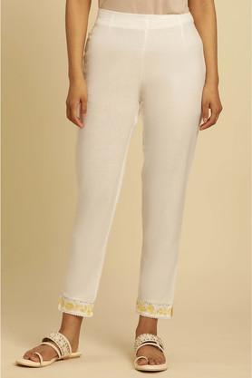 embroidered straight fit cotton blend women's casual wear pants - white