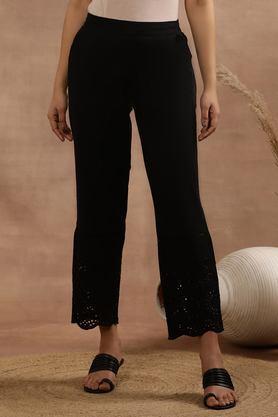 embroidered straight fit cotton women's casual wear pants - black