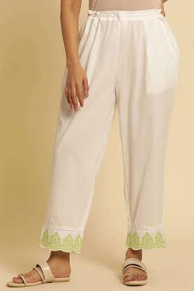 embroidered straight fit cotton women's casual wear pants - white