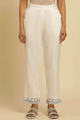 embroidered straight fit cotton women's casual wear pants - white