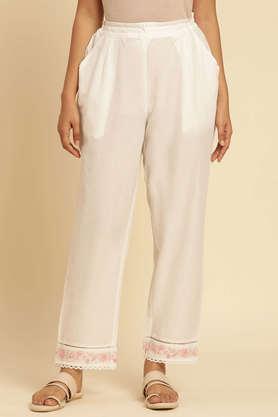 embroidered straight fit cotton women's casual wear pants - white