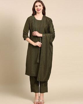 embroidered straight kurta & palazzo with dupatta set