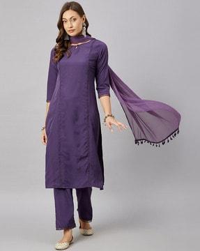 embroidered straight kurta & palazzo with dupatta set