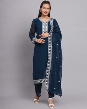 embroidered straight kurta & palazzos  with dupatta set