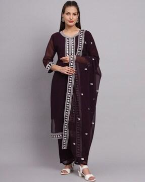 embroidered straight kurta & palazzos  with dupatta set