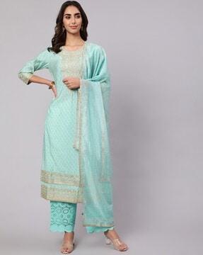 embroidered straight kurta & palazzos with dupatta