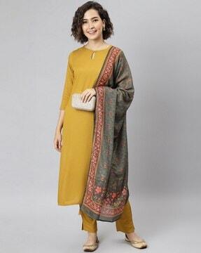 embroidered straight kurta & pants set with dupatta