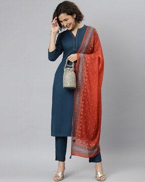 embroidered straight kurta & pants set with dupatta