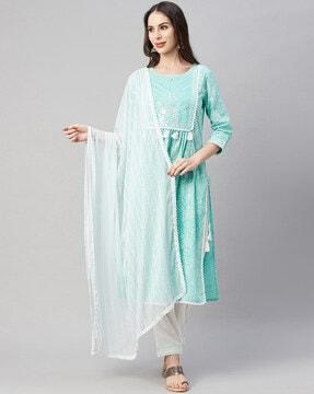 embroidered straight kurta & pants set with dupatta