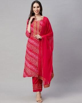 embroidered straight kurta & pants set with dupatta