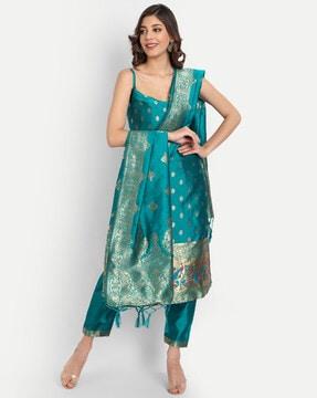 embroidered straight kurta & pants with dupatta set