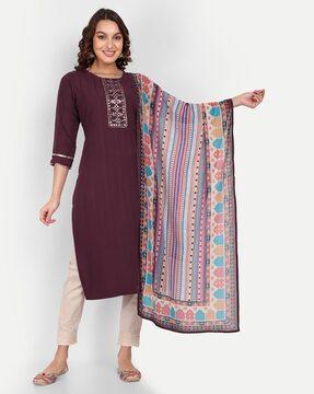 embroidered straight kurta & pants with dupatta set