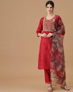 embroidered straight kurta & pants with dupatta set