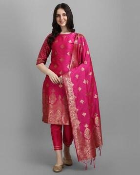 embroidered straight kurta & pants with dupatta set