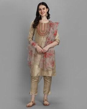 embroidered straight kurta & pants with dupatta set