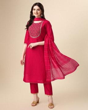 embroidered straight kurta & pants with dupatta set