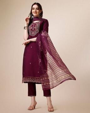 embroidered straight kurta & pants with dupatta set