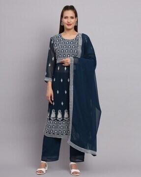 embroidered straight kurta & pants with dupatta set