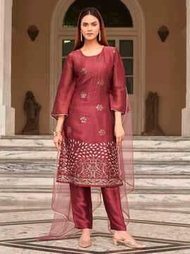 embroidered straight kurta & pants with dupatta set