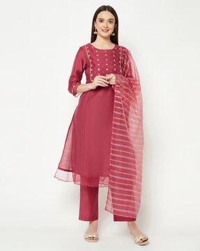 embroidered straight kurta & pants with dupatta