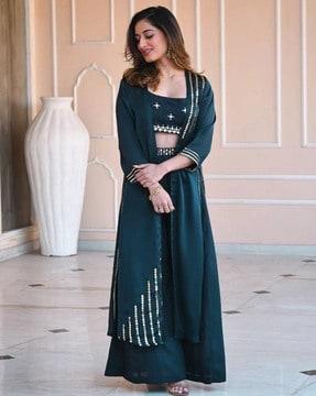 embroidered straight kurta palazzo set with shrug