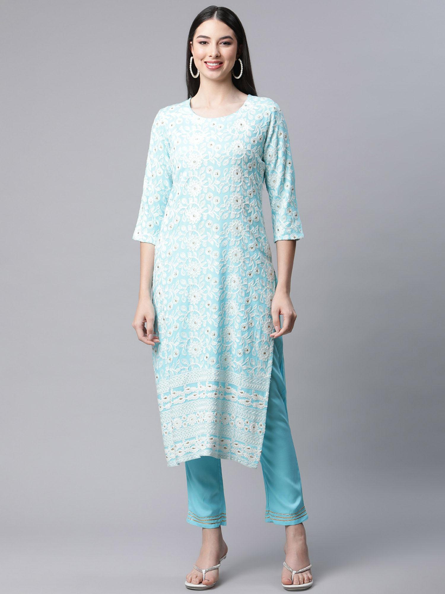 embroidered straight kurta pant - sky blue (set of 2)