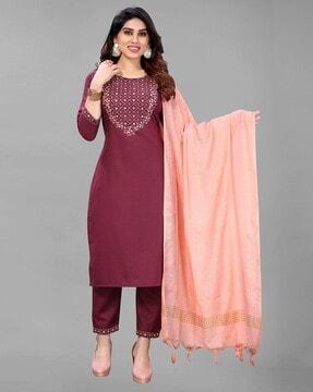 embroidered straight kurta set with contrast dupatta