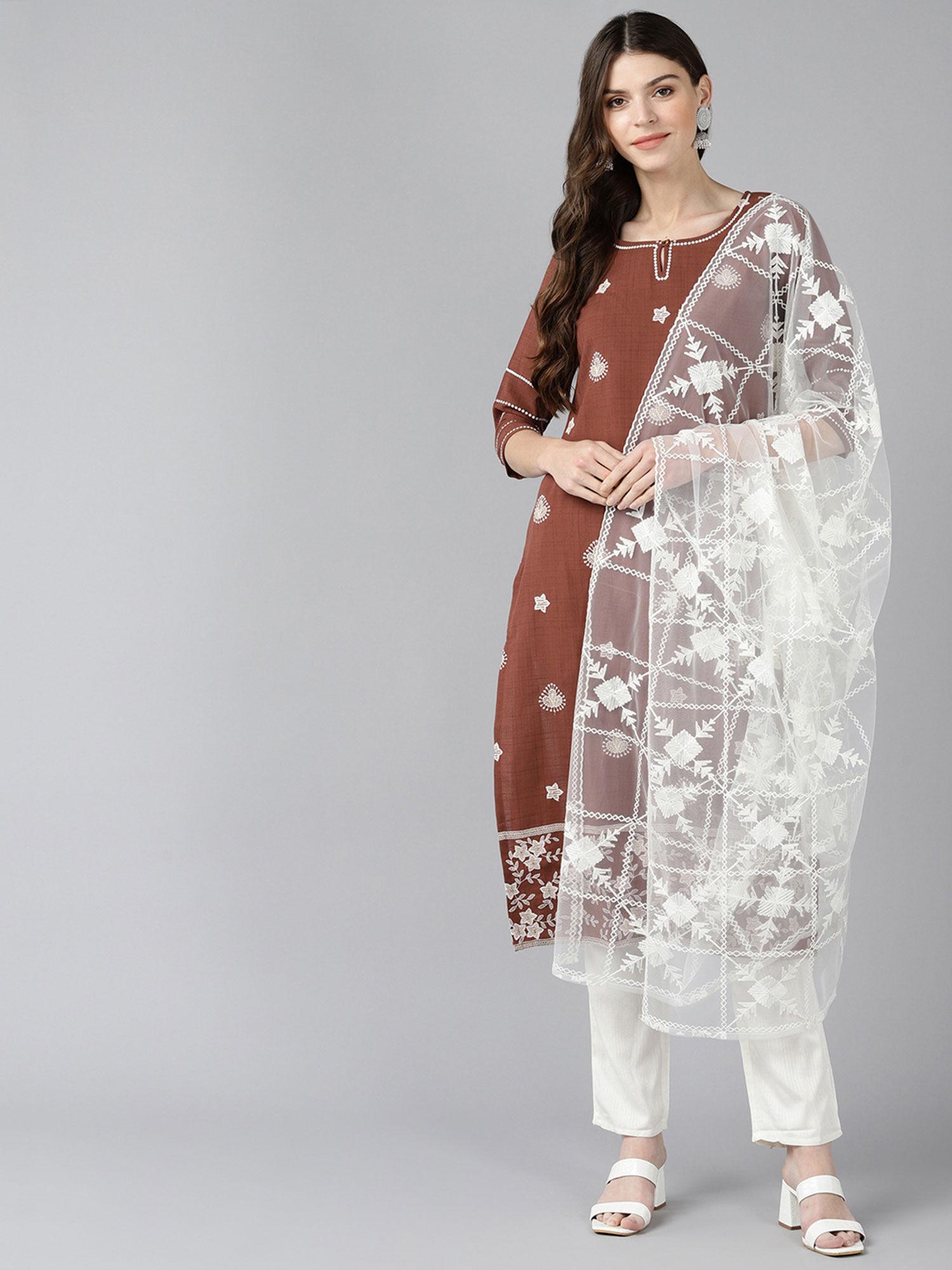 embroidered straight kurta set with dupatta round neck