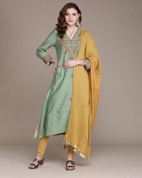 embroidered straight kurta set with dupatta