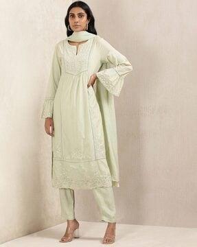 embroidered straight kurta set with dupatta