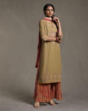 embroidered straight kurta set with dupatta