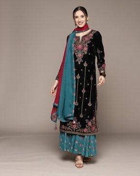 embroidered straight kurta set with dupatta