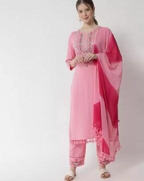 embroidered straight kurta set with dupatta