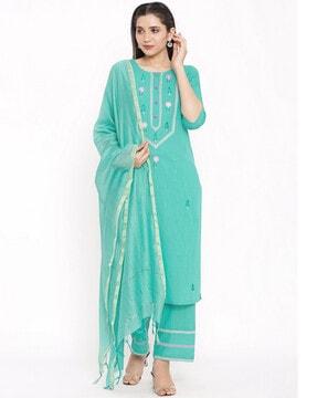 embroidered straight kurta set with dupatta