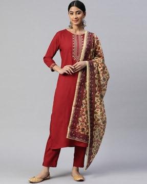 embroidered straight kurta set with dupatta