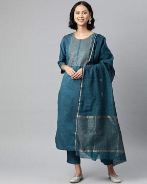 embroidered straight kurta set with dupatta