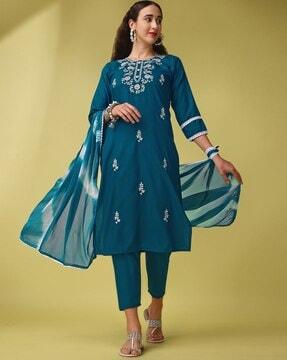 embroidered straight kurta set with dupatta