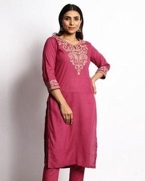 embroidered straight kurta set with dupatta