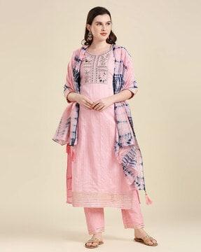 embroidered straight kurta set with dupatta