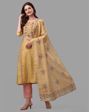 embroidered straight kurta set with dupatta