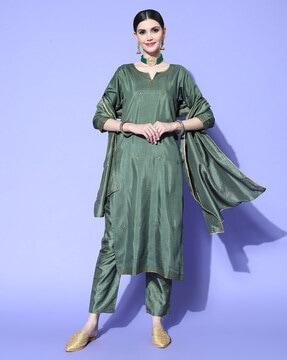 embroidered straight kurta set with dupatta