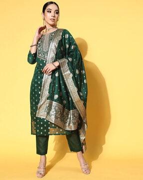 embroidered straight kurta set with dupatta