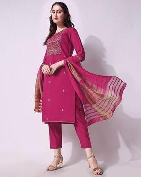 embroidered straight kurta set with dupatta