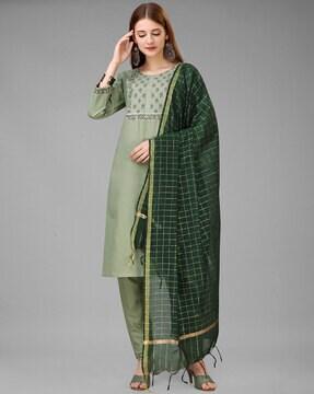 embroidered straight kurta set with dupatta