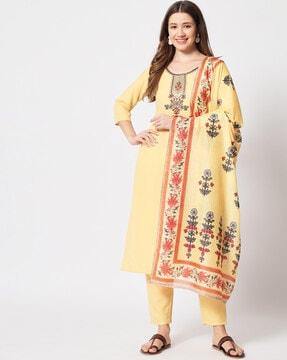 embroidered straight kurta set with dupatta