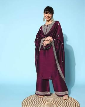 embroidered straight kurta set with dupatta