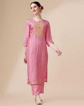 embroidered straight kurta set with dupatta